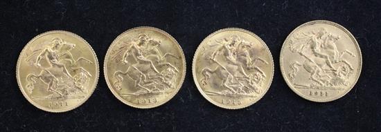 Four George V gold half sovereigns,